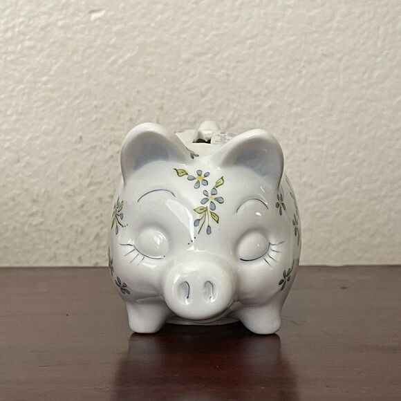 Vintage Piggy Bank With Stopper, Forget Me Not 1989 Hand Painted Signed - Picture 5 of 12